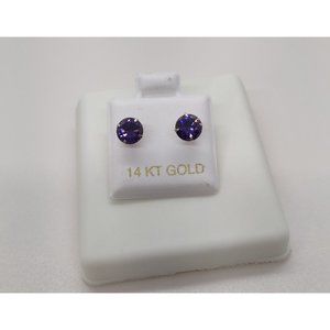 "HJ-E02" 14 Karat Yellow Gold Screw Backing Pupple CZ Round Stud Earrings -6mm